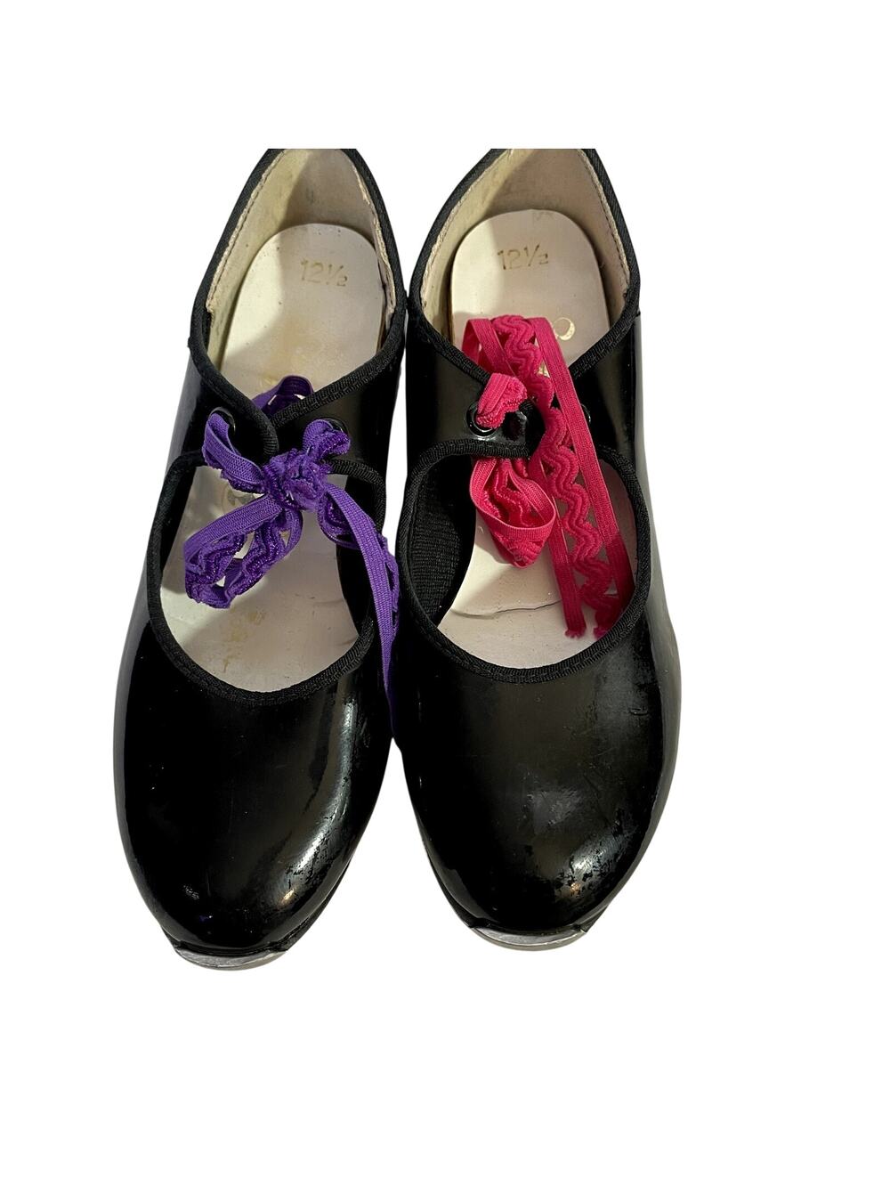 Coasters Girls Black Tap Shoes Size 12.5 Tip Top Tap Dance Pink Purple Ribbons
